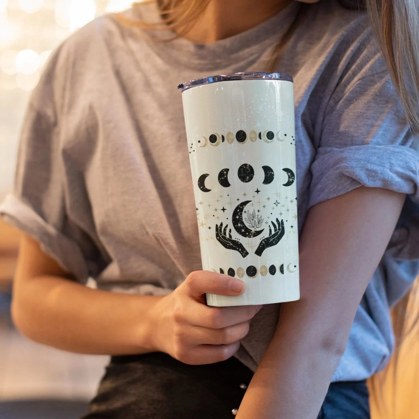 beige black gold moon phases water bottle travel mug
