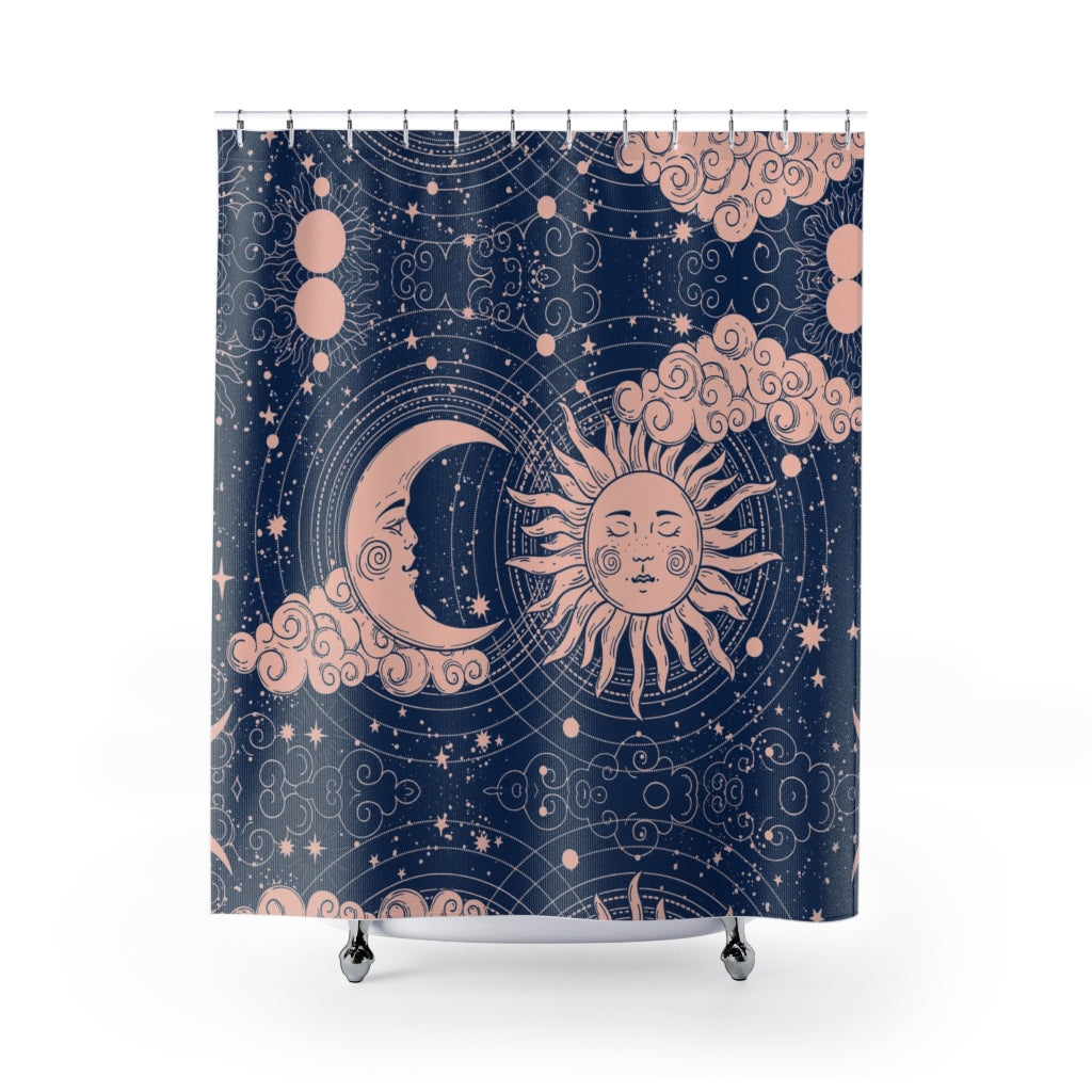 blue sun and moon shower curtain