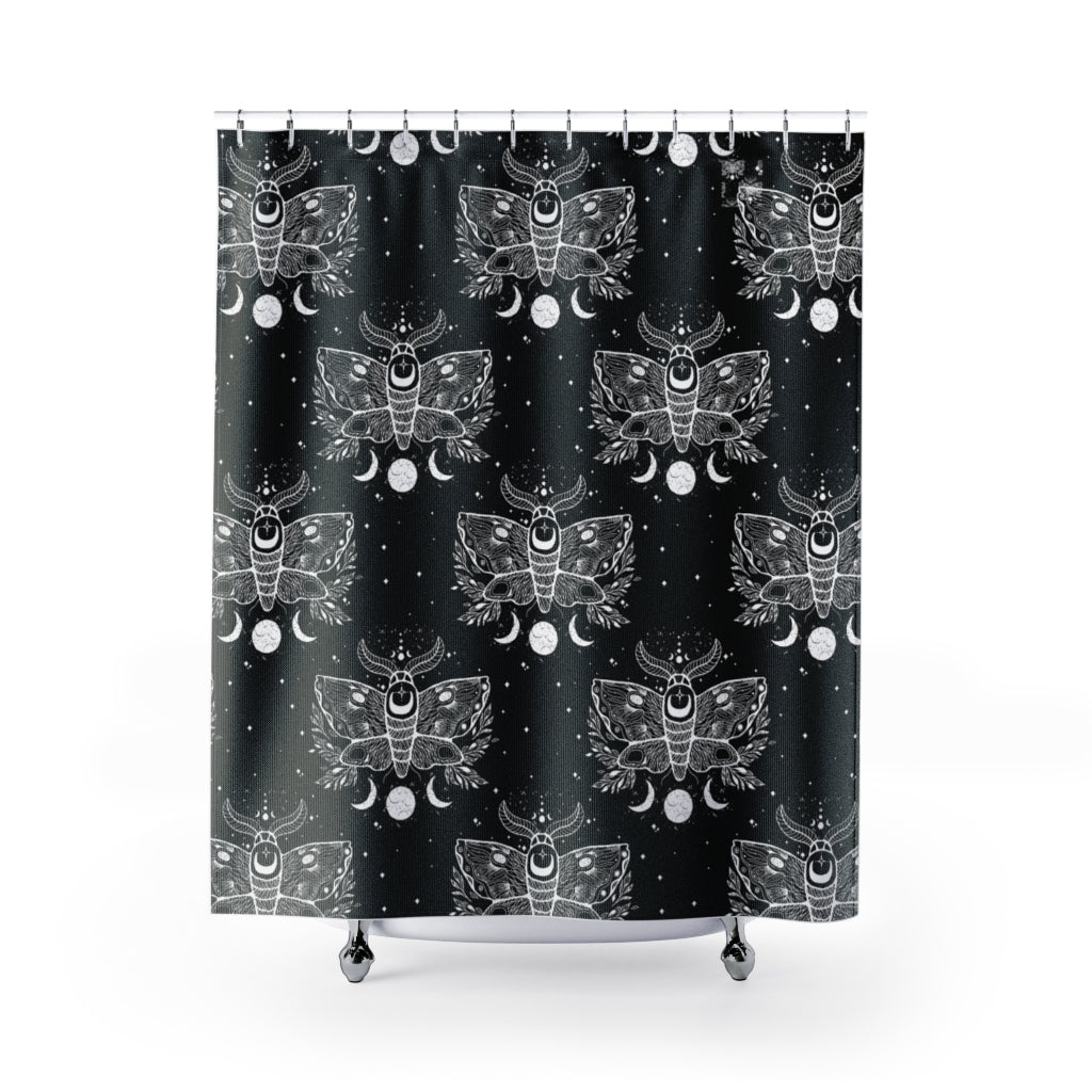 black and white witchy moth shower curtain