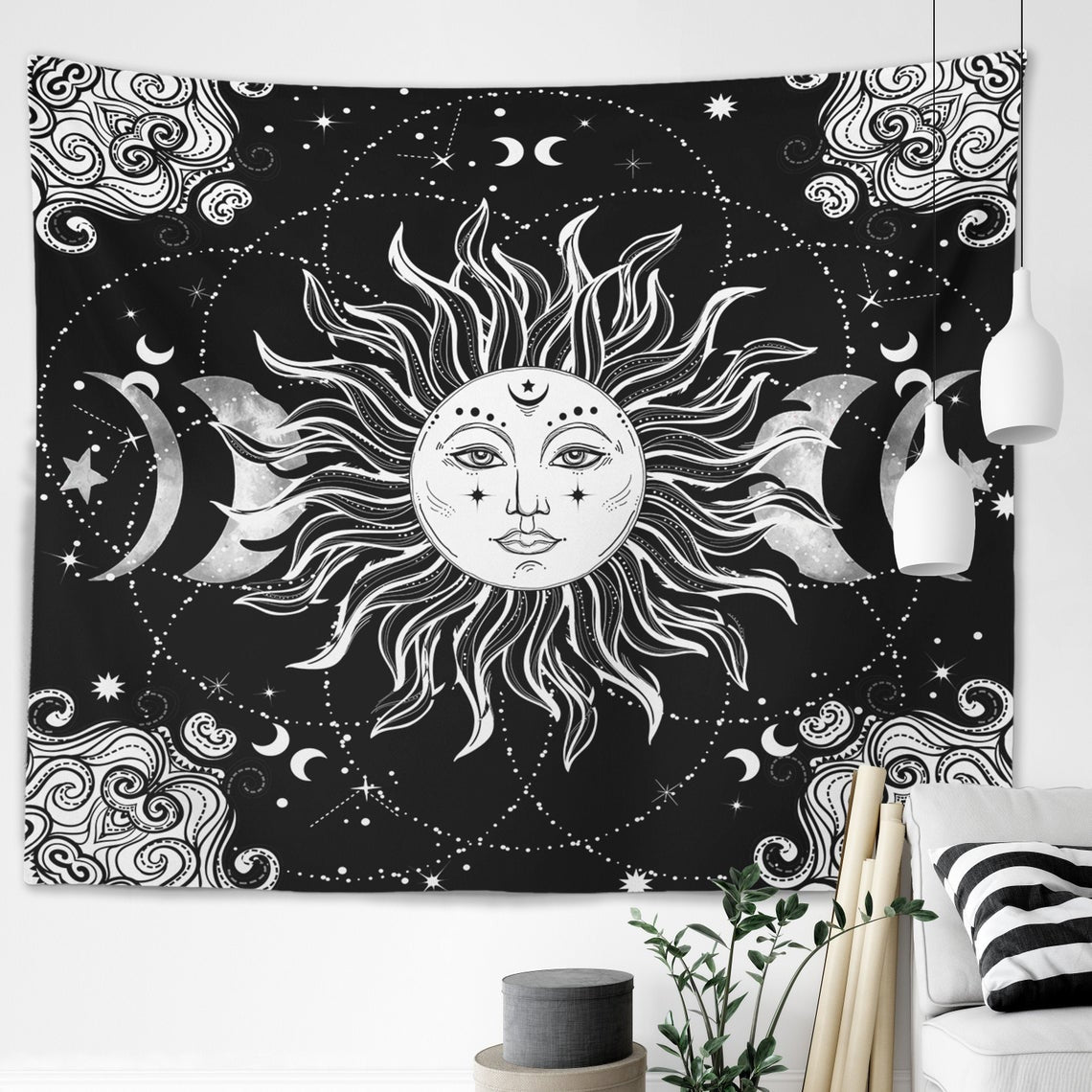 black sun face tapestry