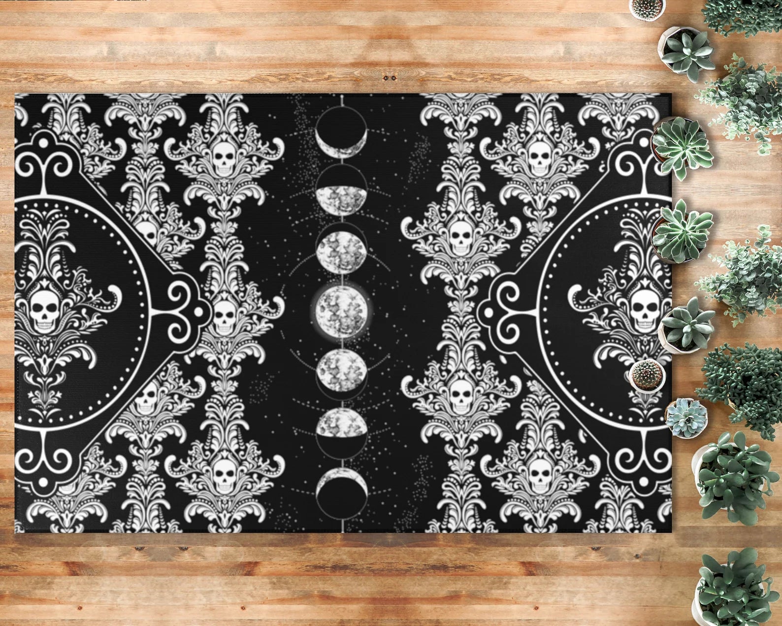 skulls and moon area rug black and white gothic carpet