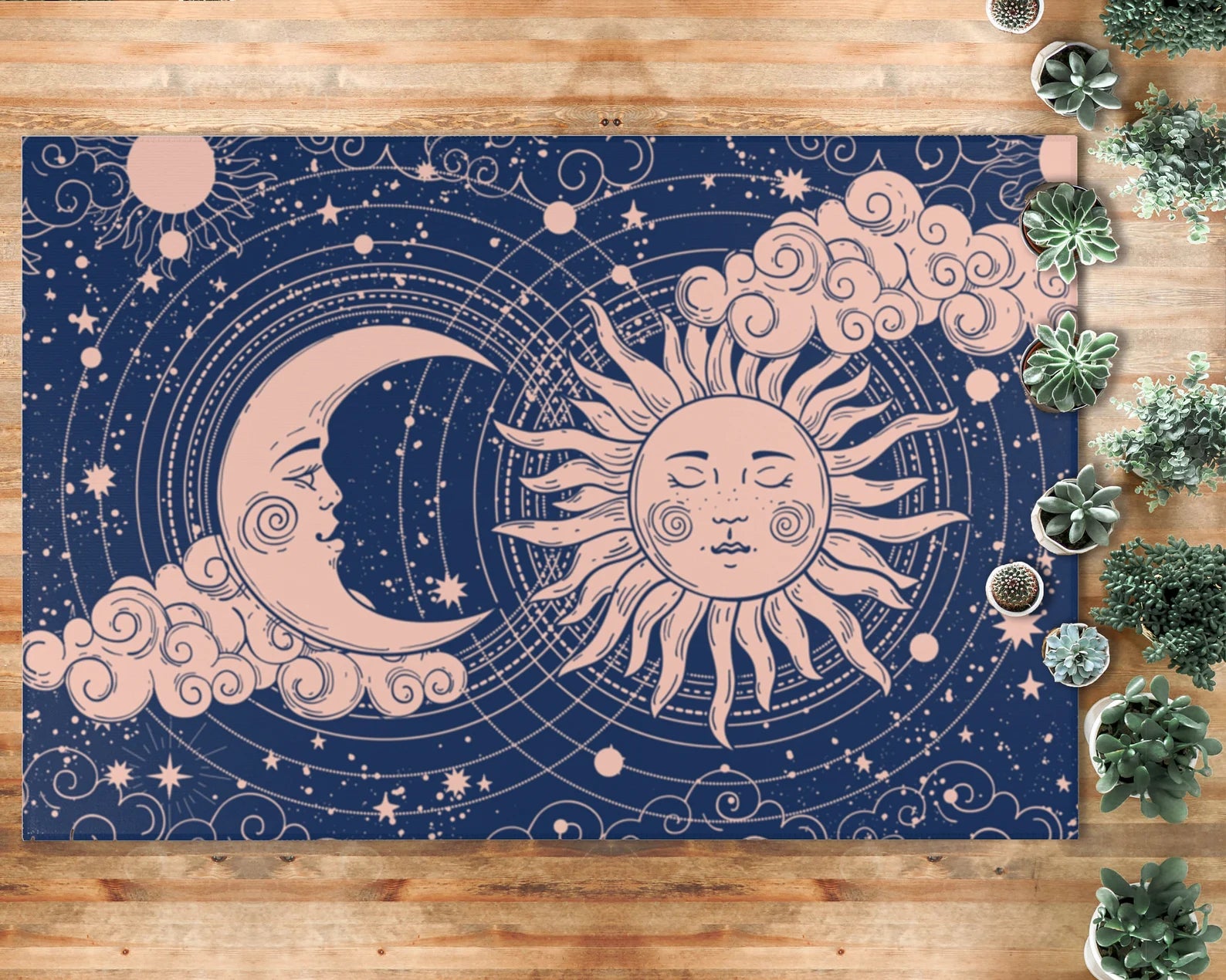blue sun and moon area rug